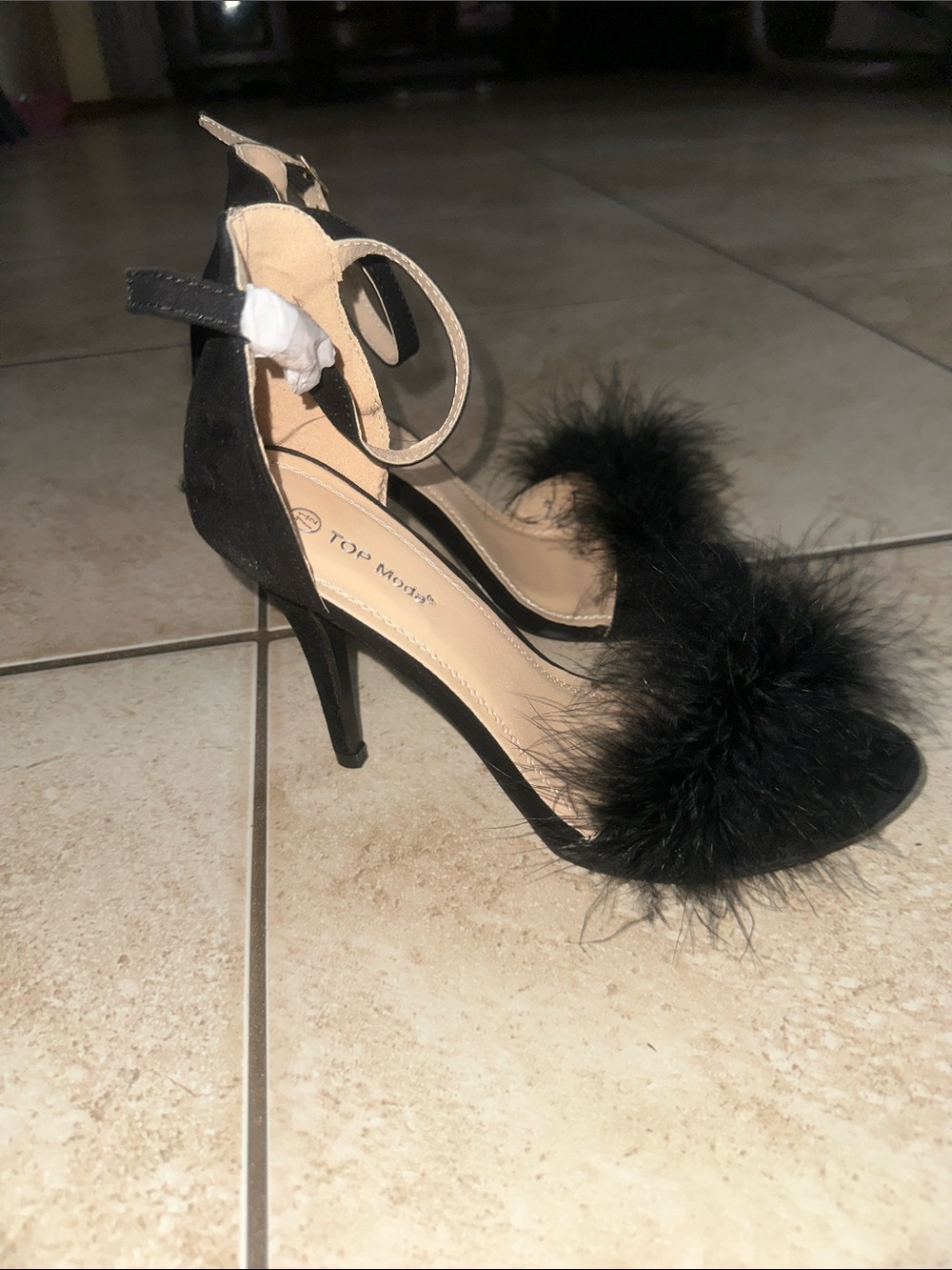 TOP Moda Black Feather Trim Ankle-Strap Stiletto Heels